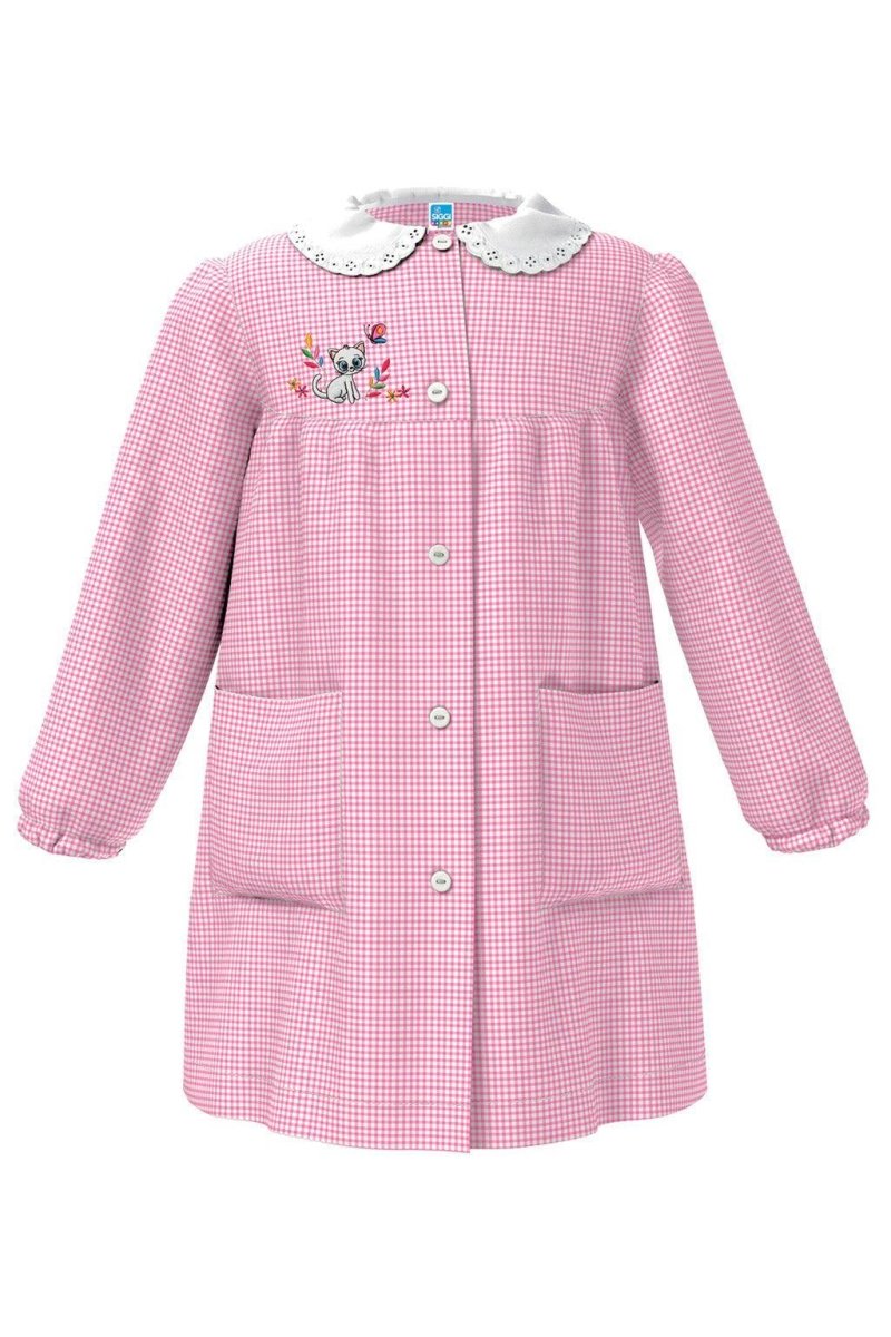 Grembiule asilo bambina con abbottonatura centrale centrale Siggi ricamo Gattino a quadretti rosa 4025