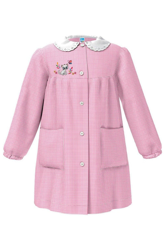 Grembiule asilo bambina con abbottonatura centrale centrale Siggi ricamo Gattino a quadretti rosa 4025