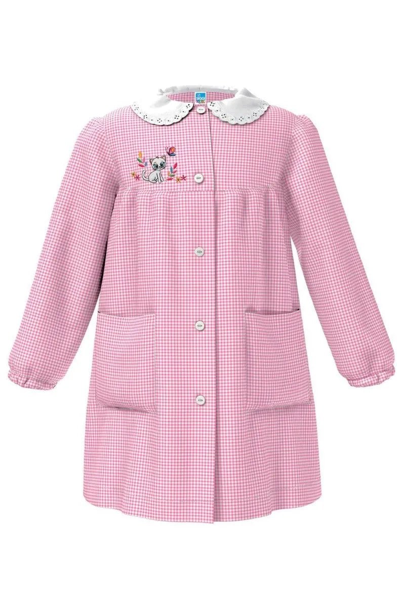 Grembiule asilo bambina con abbottonatura centrale centrale Siggi ricamo Gattino a quadretti rosa 4025