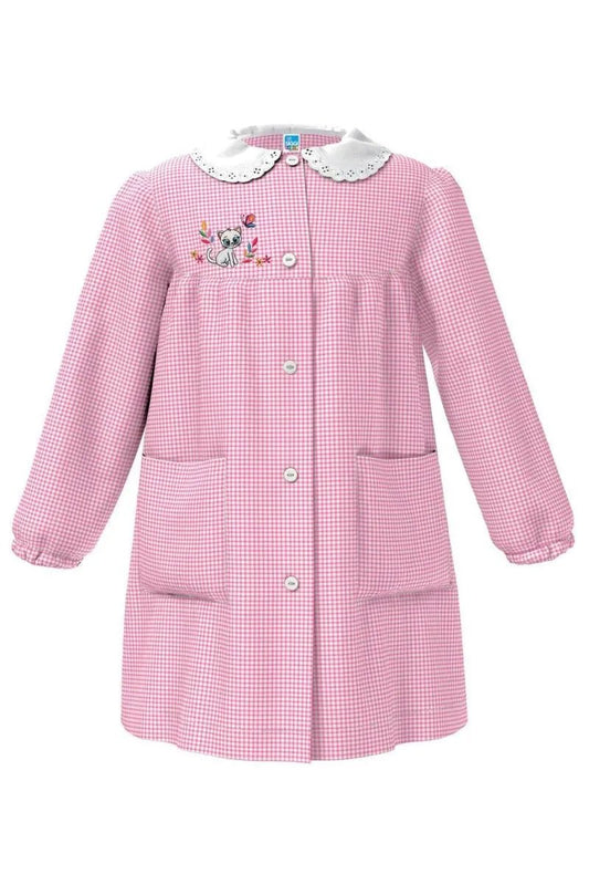 Grembiule asilo bambina con abbottonatura centrale centrale Siggi ricamo Gattino a quadretti rosa 4025