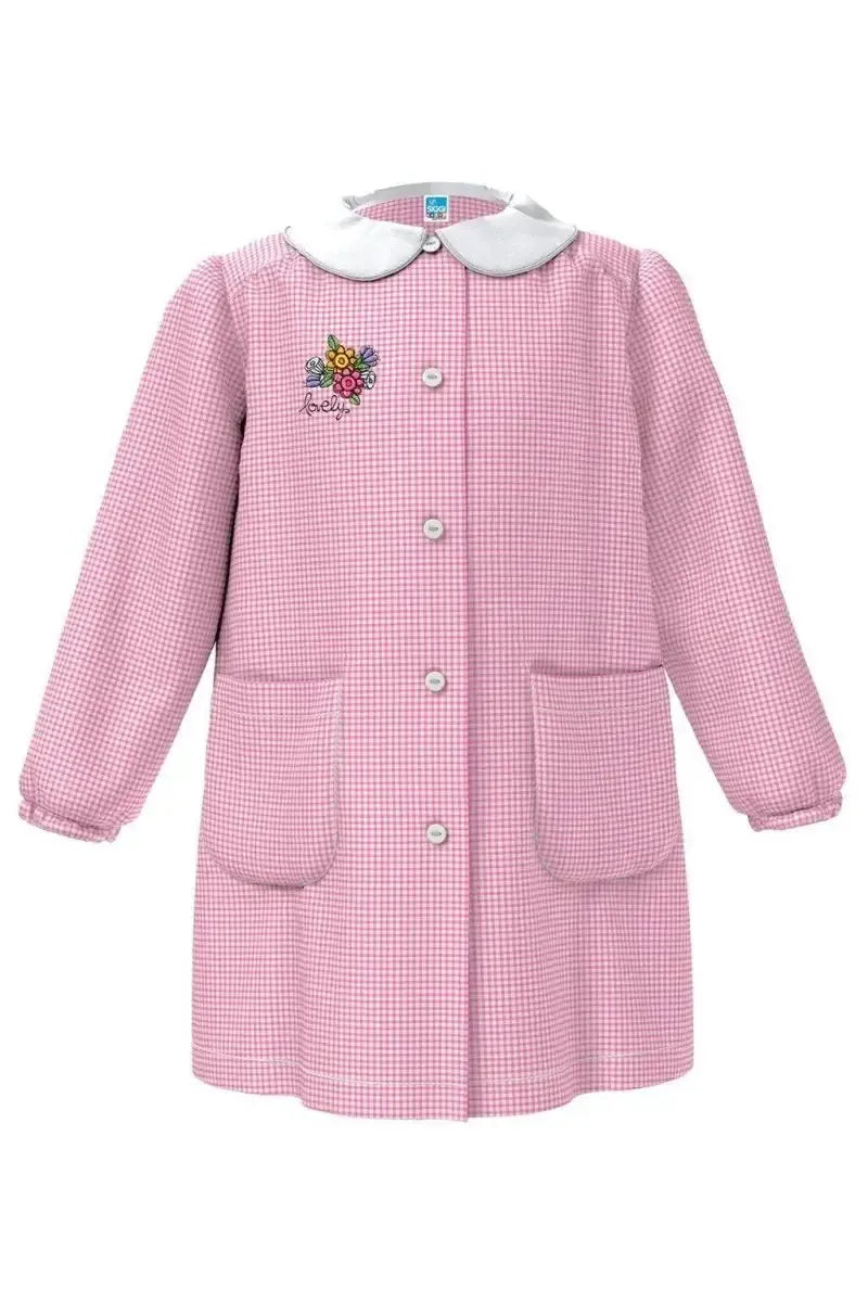 Grembiule asilo bambina con abbottonatura centrale centrale Siggi ricamo Lovely a quadretti rosa 4026