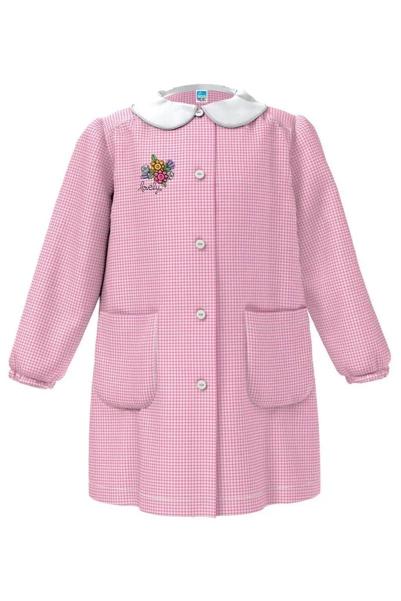 Grembiule asilo bambina con abbottonatura centrale centrale Siggi ricamo Lovely a quadretti rosa 4026