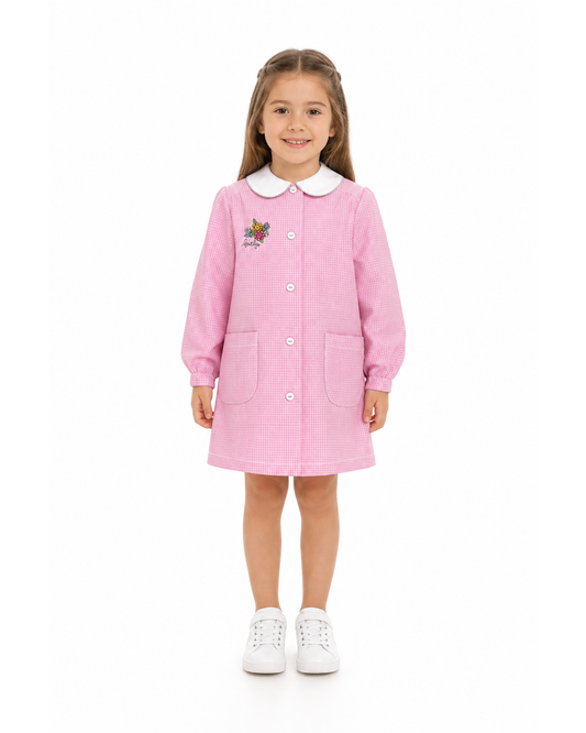 Grembiule asilo bambina con abbottonatura centrale centrale Siggi ricamo Lovely a quadretti rosa 4026
