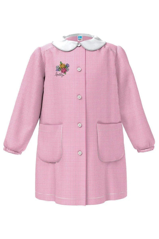 Grembiule asilo bambina con abbottonatura centrale centrale Siggi ricamo Lovely a quadretti rosa 4026
