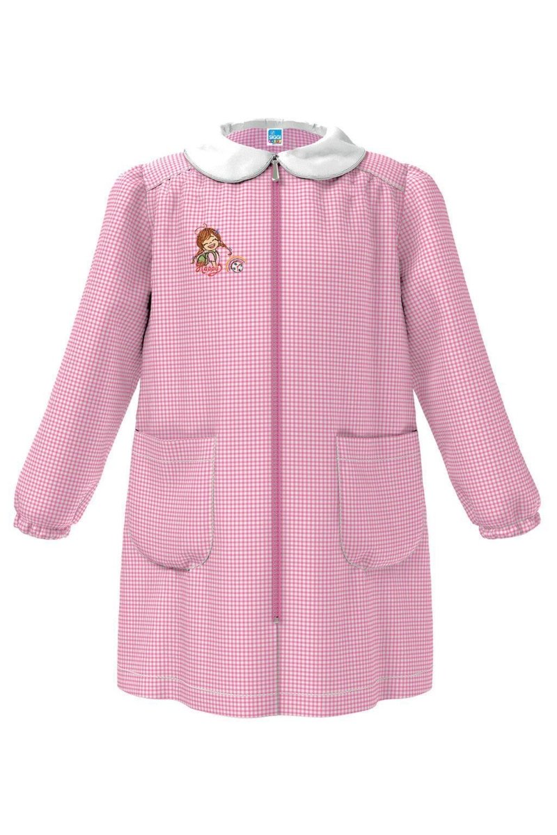 Grembiule asilo bambina con zip centrale Siggi ricamo Happy a quadretti rosa 4177