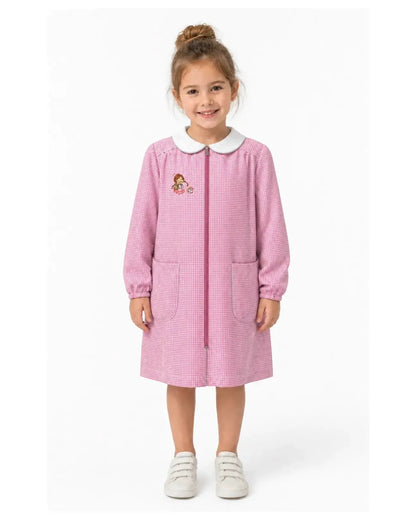 Grembiule asilo bambina con zip centrale Siggi ricamo Happy a quadretti rosa 4177