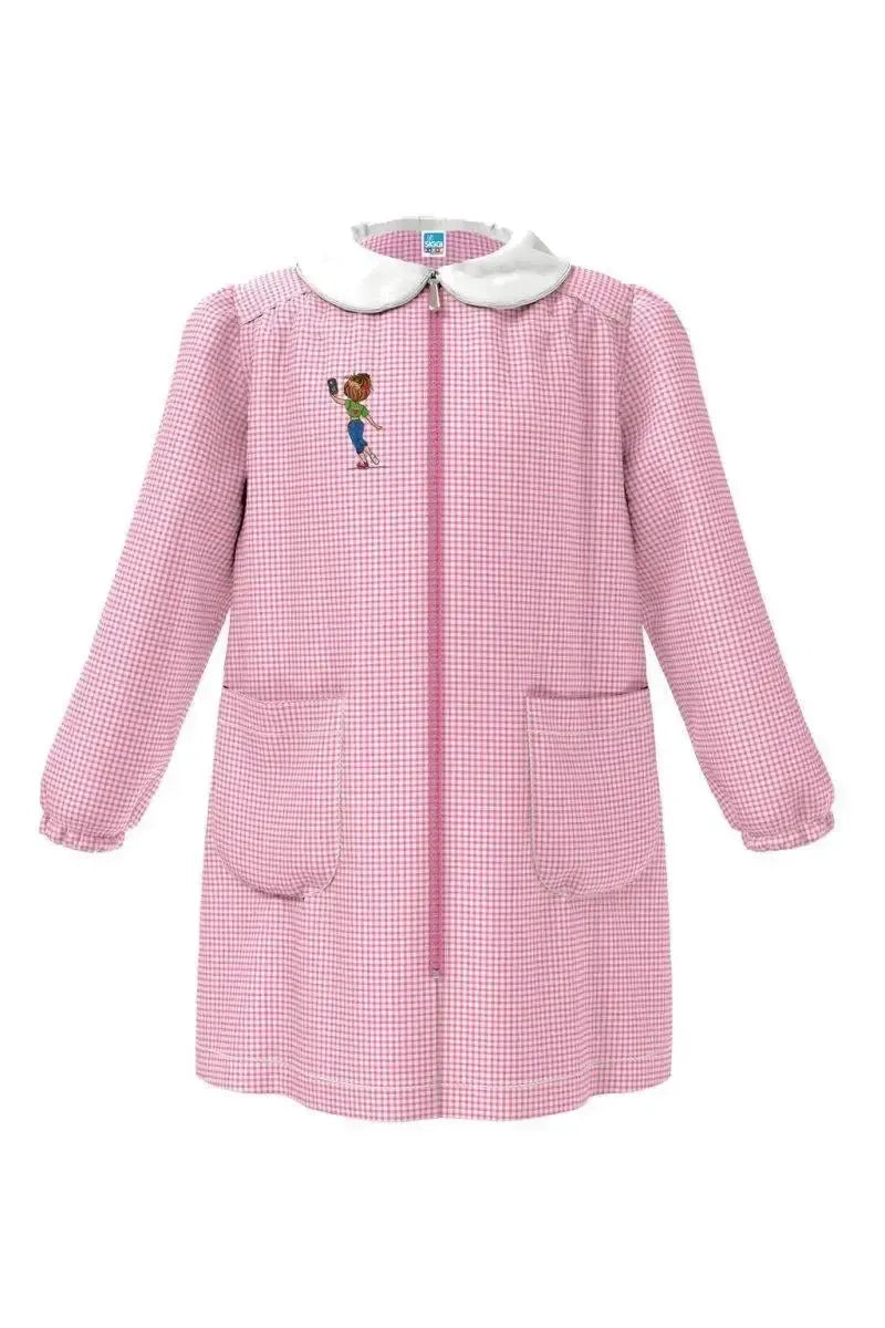 Grembiule asilo bambina con zip centrale Siggi ricamo Selfie a quadretti rosa 3883