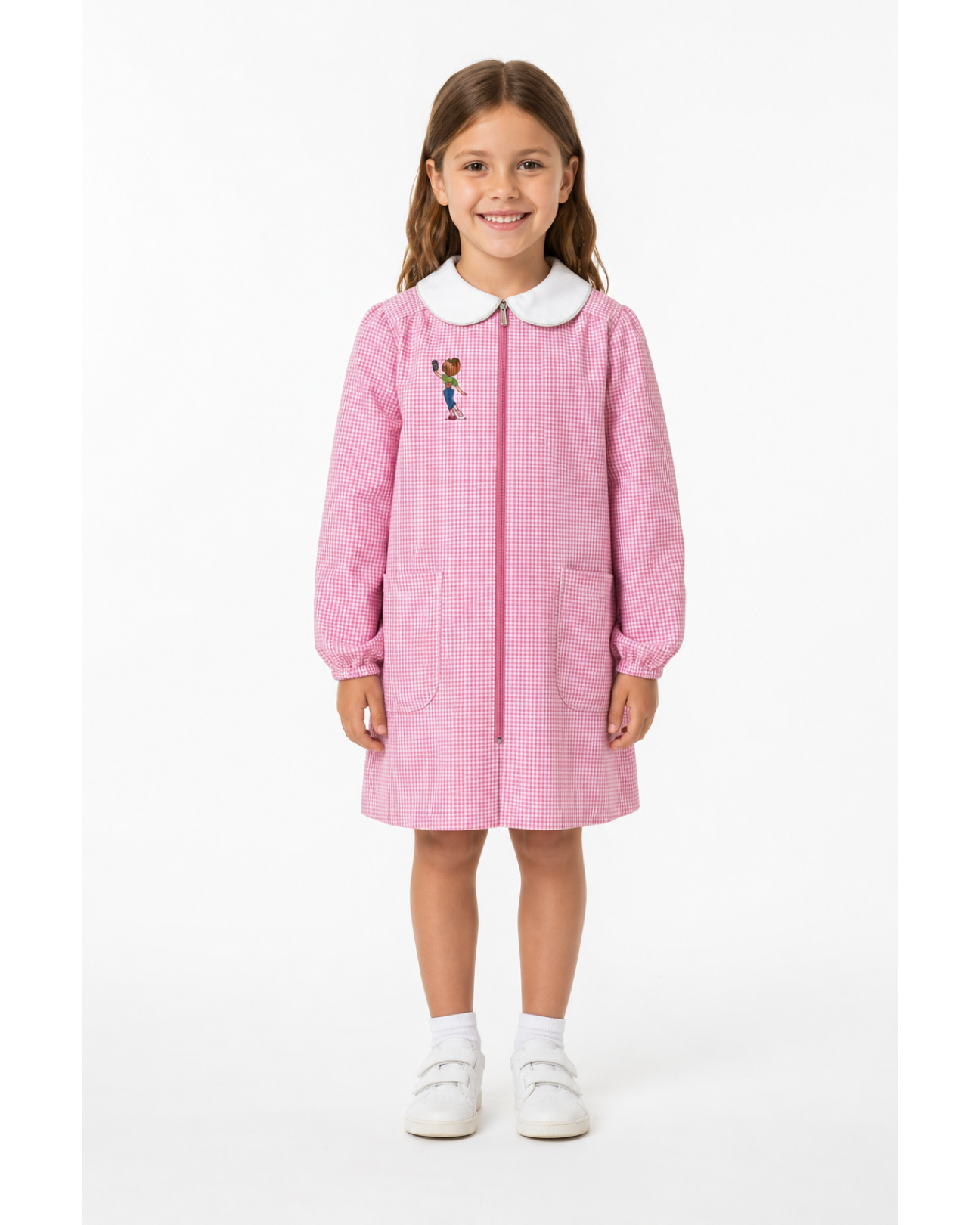 Grembiule asilo bambina con zip centrale Siggi ricamo Selfie a quadretti rosa 3883