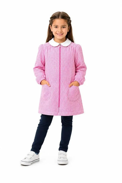Grembiule asilo bambina con zip centrale Siggi senza ricamo a quadretti rosa 3380