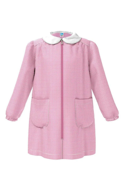 Grembiule asilo bambina con zip centrale Siggi senza ricamo a quadretti rosa 3380