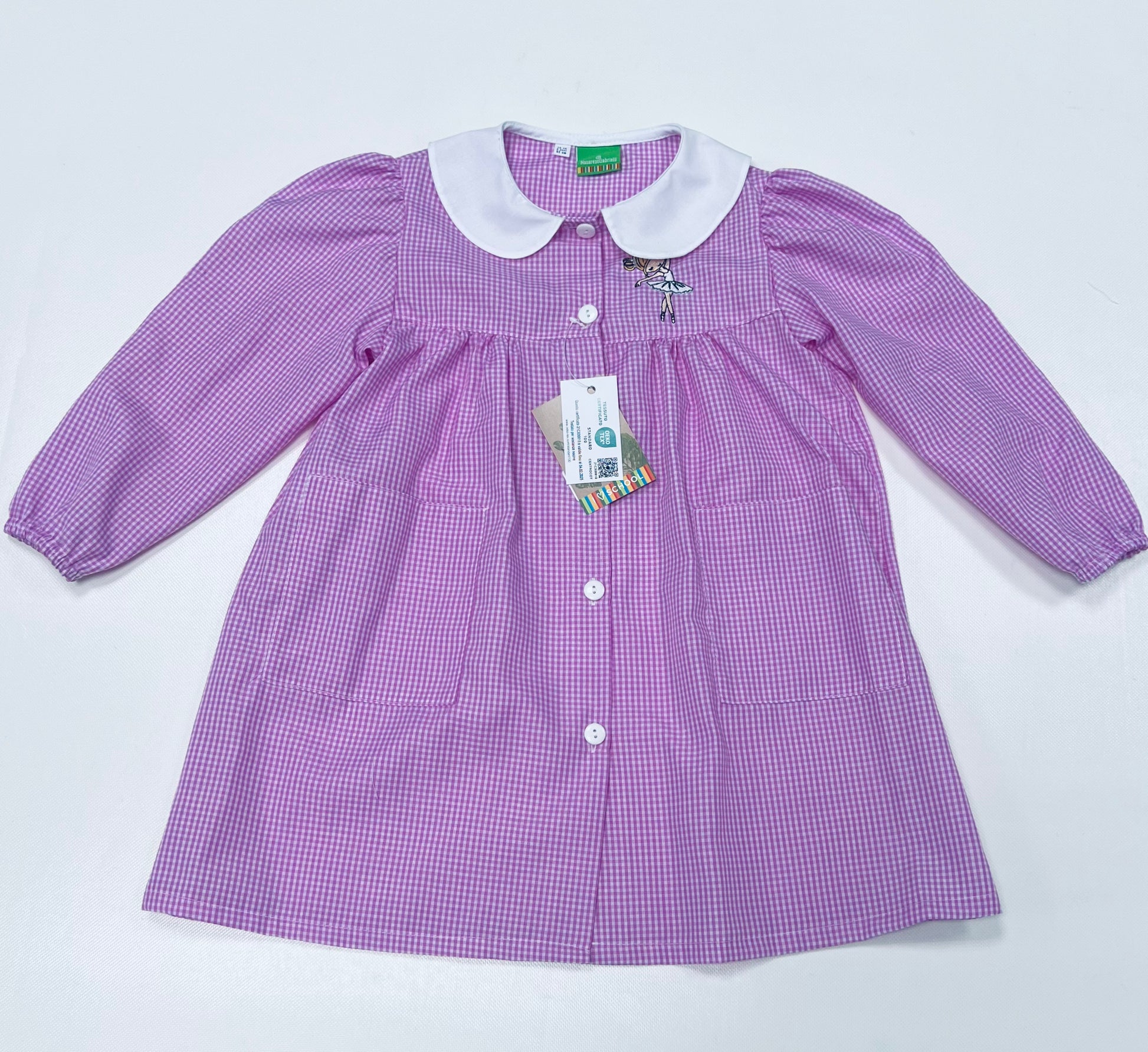Grembiule asilo bambina quadretti rosa con abbottonatura centrale Nazareno Gabrielli ricamo Ballerina 0742