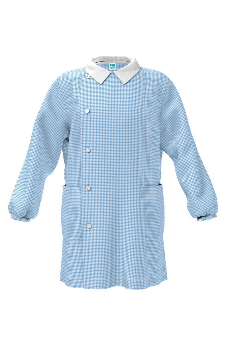 Grembiule asilo bambino con abbottonatura laterale Siggi senza ricamo a quadretti azzurri 1961