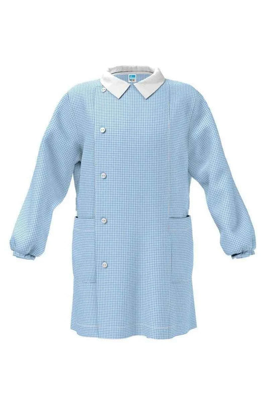 Grembiule asilo bambino con abbottonatura laterale Siggi senza ricamo a quadretti azzurri 1961