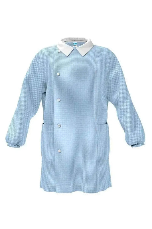 Grembiule asilo bambino con abbottonatura laterale Siggi senza ricamo a quadretti azzurri 1961