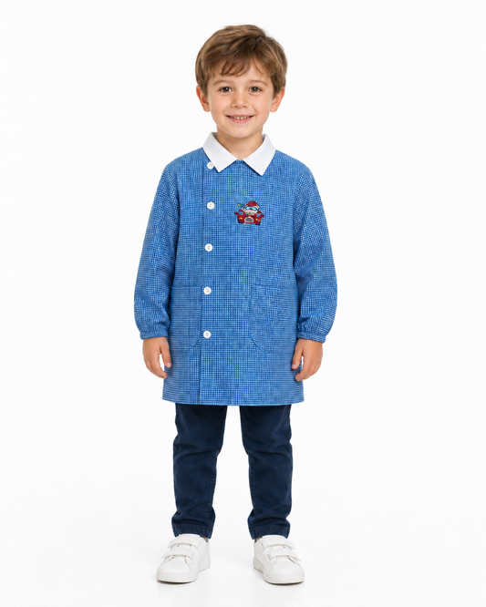 Grembiule asilo bambino con abbottonatura laterale quadretti azzurri Ambrosino ricamo Auto Q503