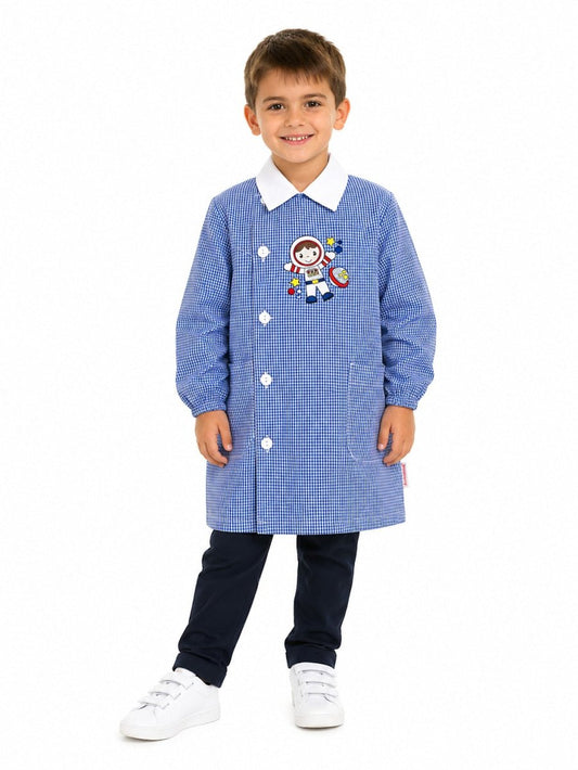 Grembiule asilo bambino quadretti azzurri con abbottonatura laterale Ambrosino ricamo Astronauta S505