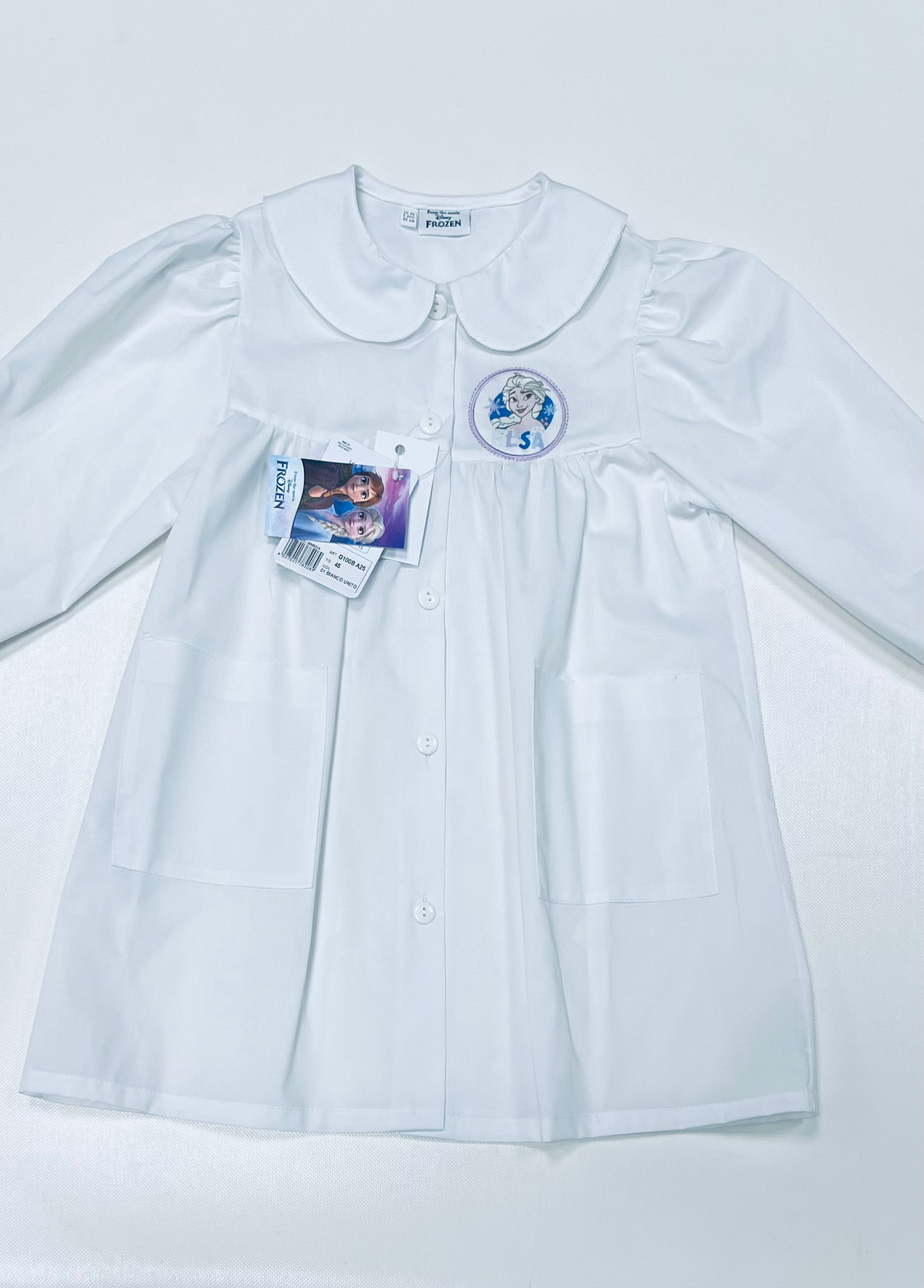 Grembiule asilo bianco bambina made in Italy con abbottonatura centrale Disney ricamo Frozen G100