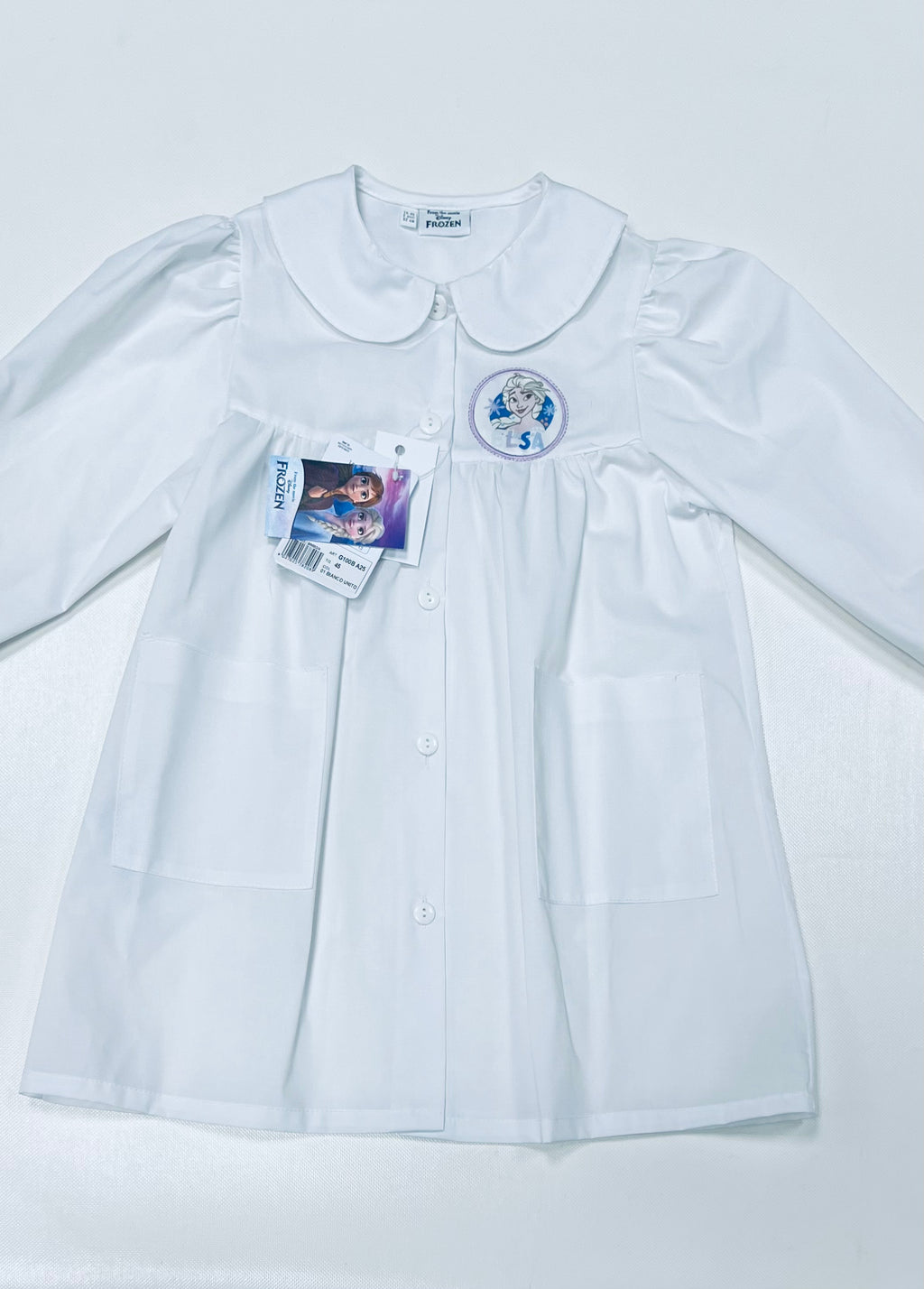 Grembiule asilo bianco bambina made in Italy con abbottonatura centrale Disney ricamo Frozen G100