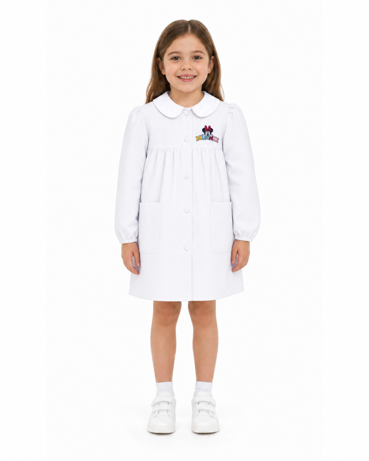 Grembiule asilo bianco bambina made in Italy con abbottonatura centrale Disney ricamo Minnie G102