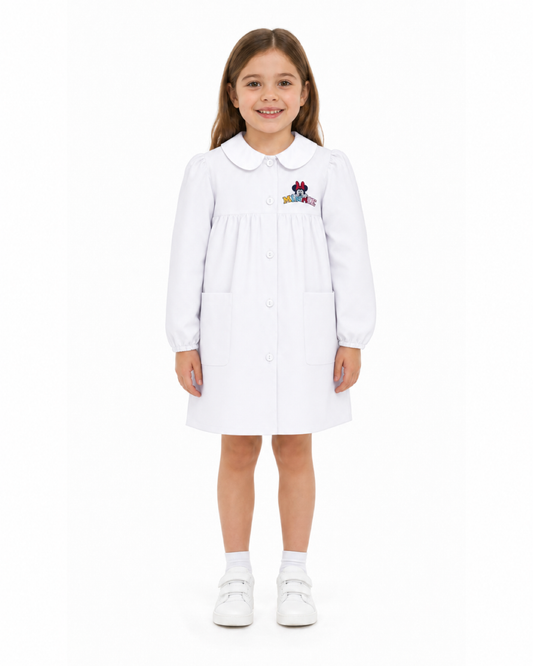 Grembiule asilo bianco bambina made in Italy con abbottonatura centrale Disney ricamo Minnie G102