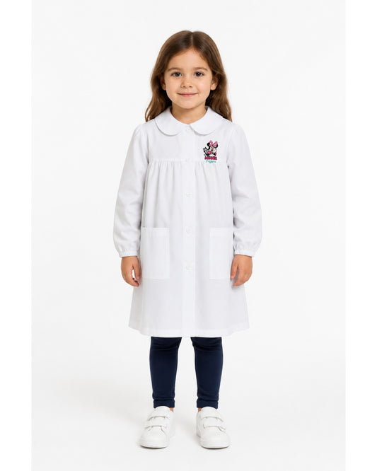 Grembiule asilo bianco bambina made in Italy con abbottonatura centrale Disney ricamo Minnie G102A26