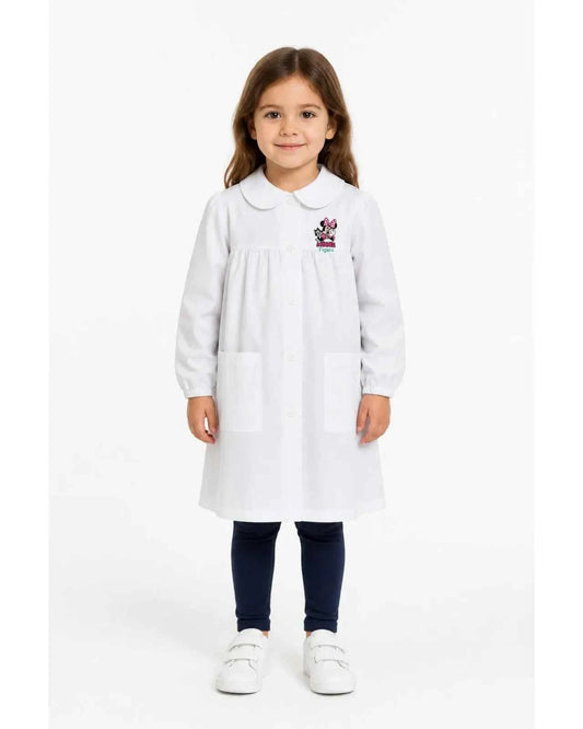 Grembiule asilo bianco bambina made in Italy con abbottonatura centrale Disney ricamo Minnie G102A26