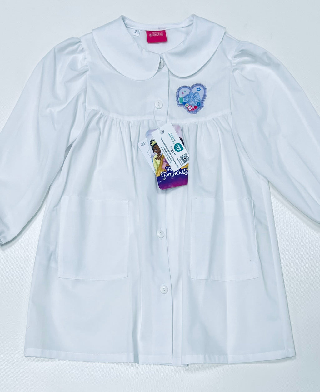 Grembiule asilo bianco bambina made in Italy con abbottonatura centrale Disney ricamo Principesse G106