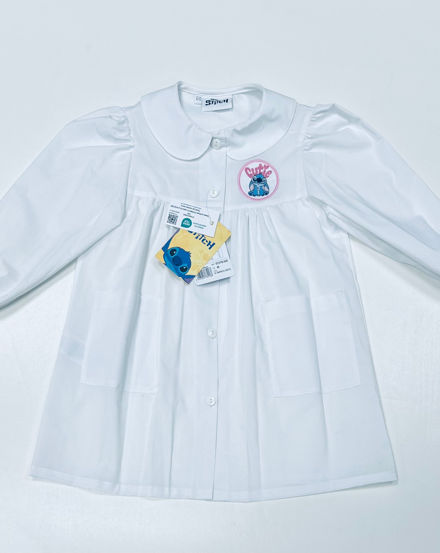 Grembiule asilo bianco bambina made in Italy con abbottonatura centrale Disney ricamo Stitch G107