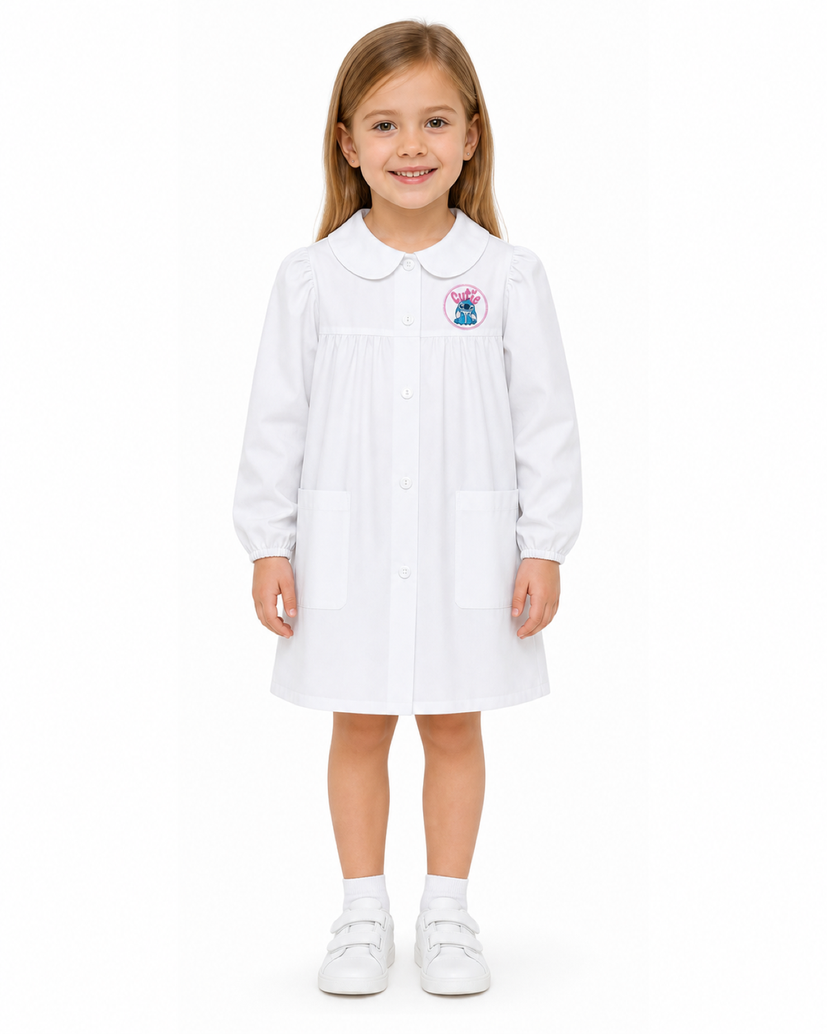 Grembiule asilo bianco bambina made in Italy con abbottonatura centrale Disney ricamo Stitch G107