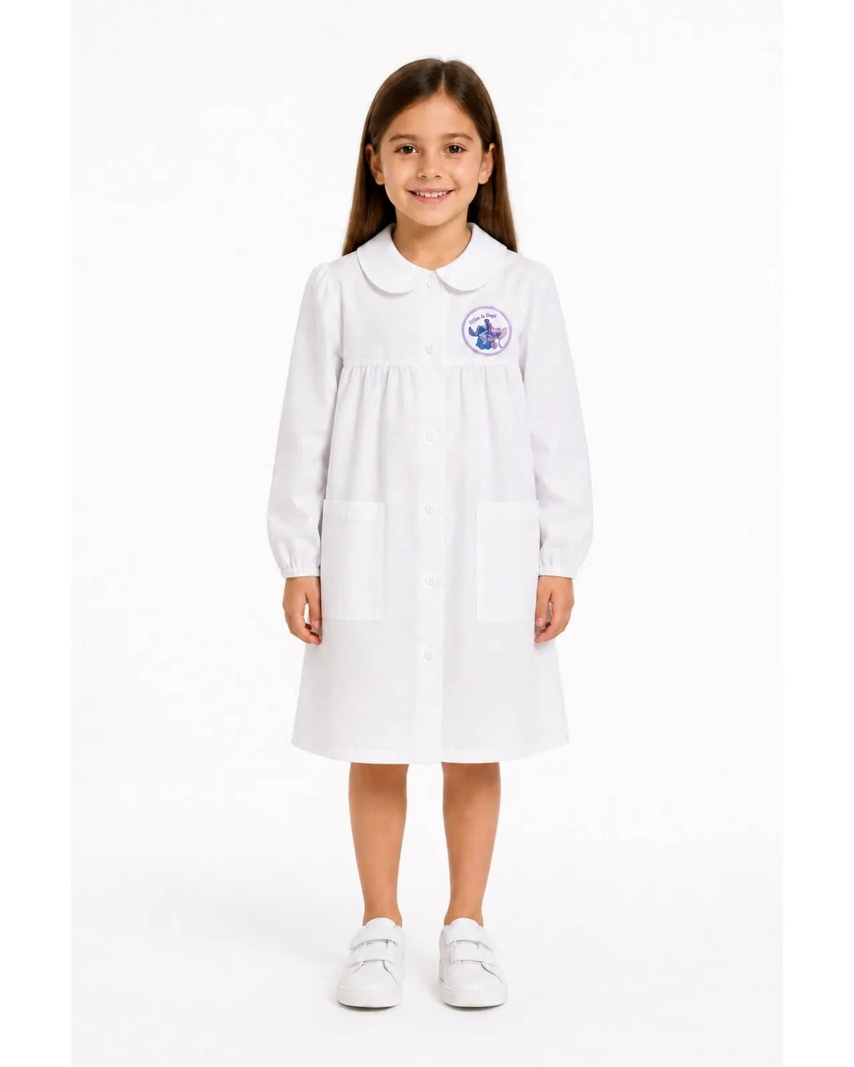Grembiule asilo bianco bambina made in Italy con abbottonatura centrale Disney ricamo Stitch G108A26