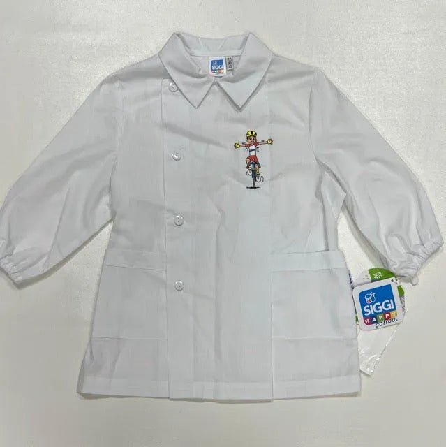 Grembiule asilo bianco bambino con abbottonatura laterale Siggi ricamo Bici 3889