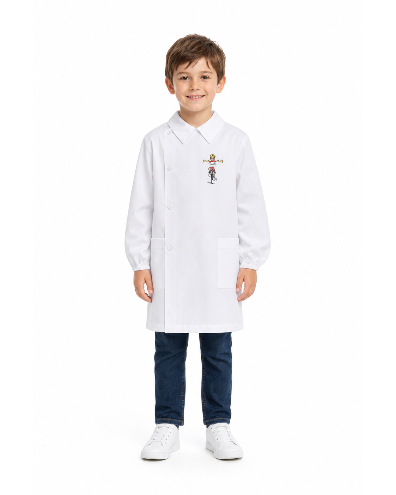 Grembiule asilo bianco bambino con abbottonatura laterale Siggi ricamo Bici 3889