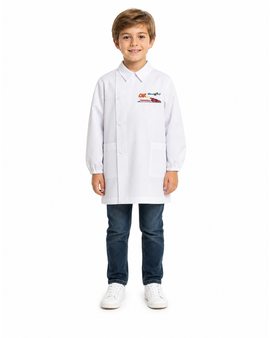 Grembiule asilo bianco bambino con abbottonatura laterale Siggi ricamo Car 3888