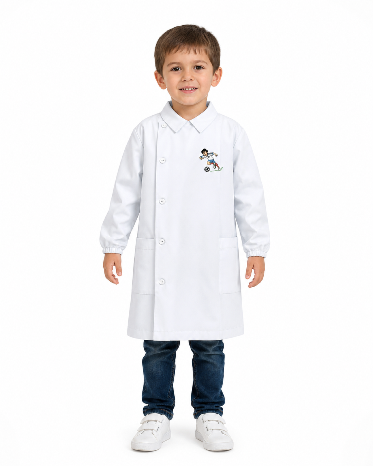 Grembiule asilo bianco bambino con abbottonatura laterale Siggi ricamo Italia 4043