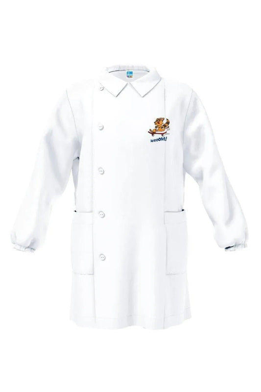 Grembiule asilo bianco bambino con abbottonatura laterale Siggi ricamo Vroom 3894