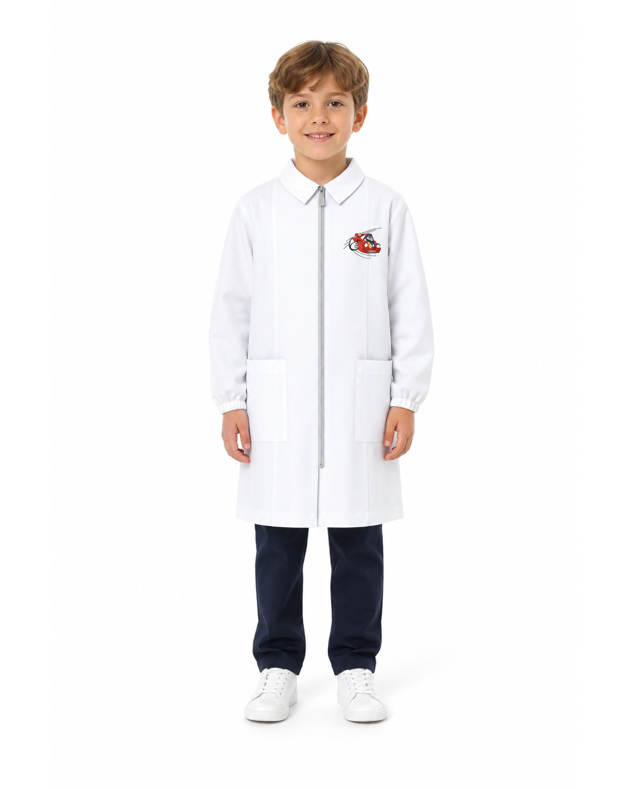 Grembiule asilo bianco bambino con zip Siggi ricamo Car 4193