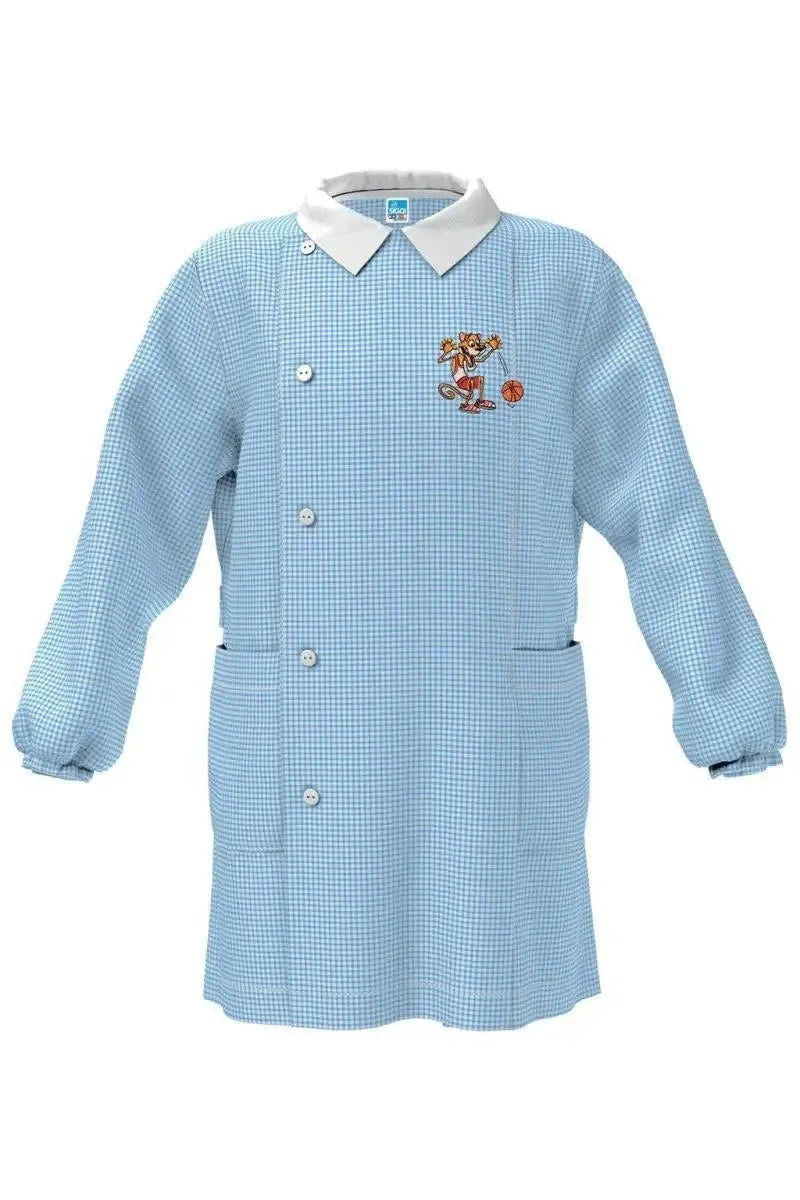 Grembiule asilo quadretti azzurri bambino con abbottonatura laterale Siggi ricamo Basket 4056