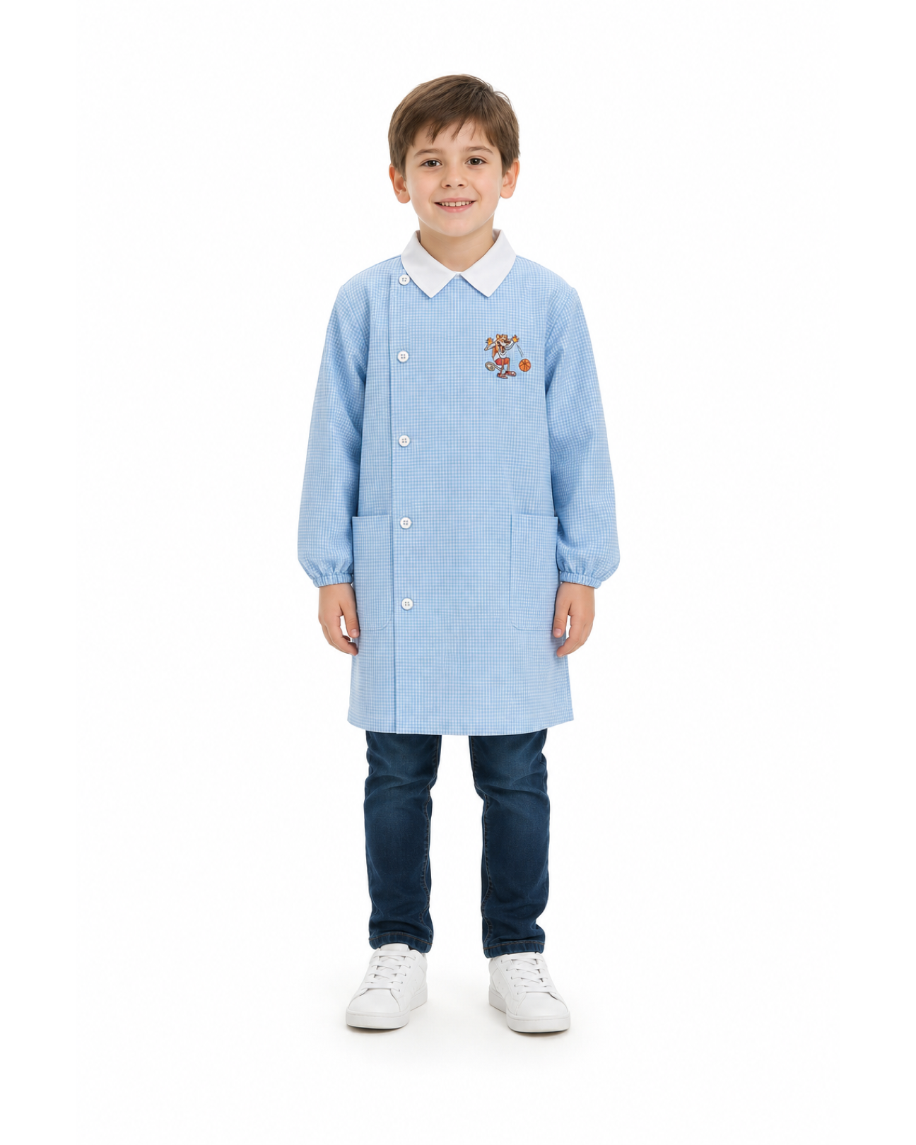 Grembiule asilo quadretti azzurri bambino con abbottonatura laterale Siggi ricamo Basket 4056