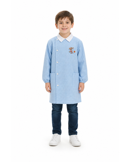 Grembiule asilo quadretti azzurri bambino con abbottonatura laterale Siggi ricamo Basket 4056