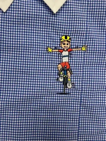 Grembiule asilo quadretti azzurri bambino con abbottonatura laterale Siggi ricamo Bici 3889