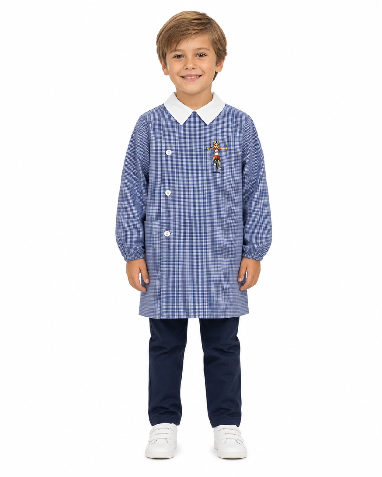 Grembiule asilo quadretti azzurri bambino con abbottonatura laterale Siggi ricamo Bici 3889
