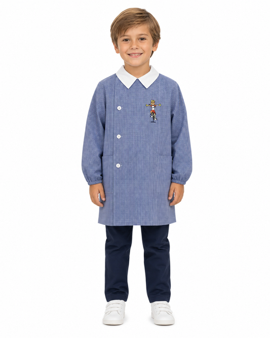 Grembiule asilo quadretti azzurri bambino con abbottonatura laterale Siggi ricamo Bici 3889