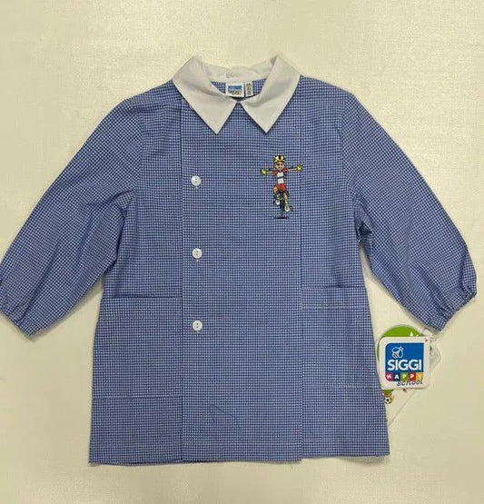 Grembiule asilo quadretti azzurri bambino con abbottonatura laterale Siggi ricamo Bici 3889