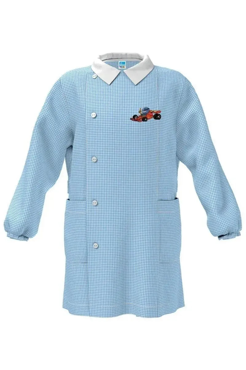 Grembiule asilo quadretti azzurri bambino con abbottonatura laterale Siggi ricamo Car 4057