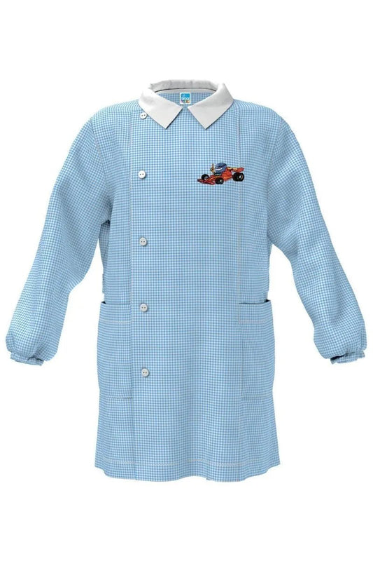Grembiule asilo quadretti azzurri bambino con abbottonatura laterale Siggi ricamo Car 4057