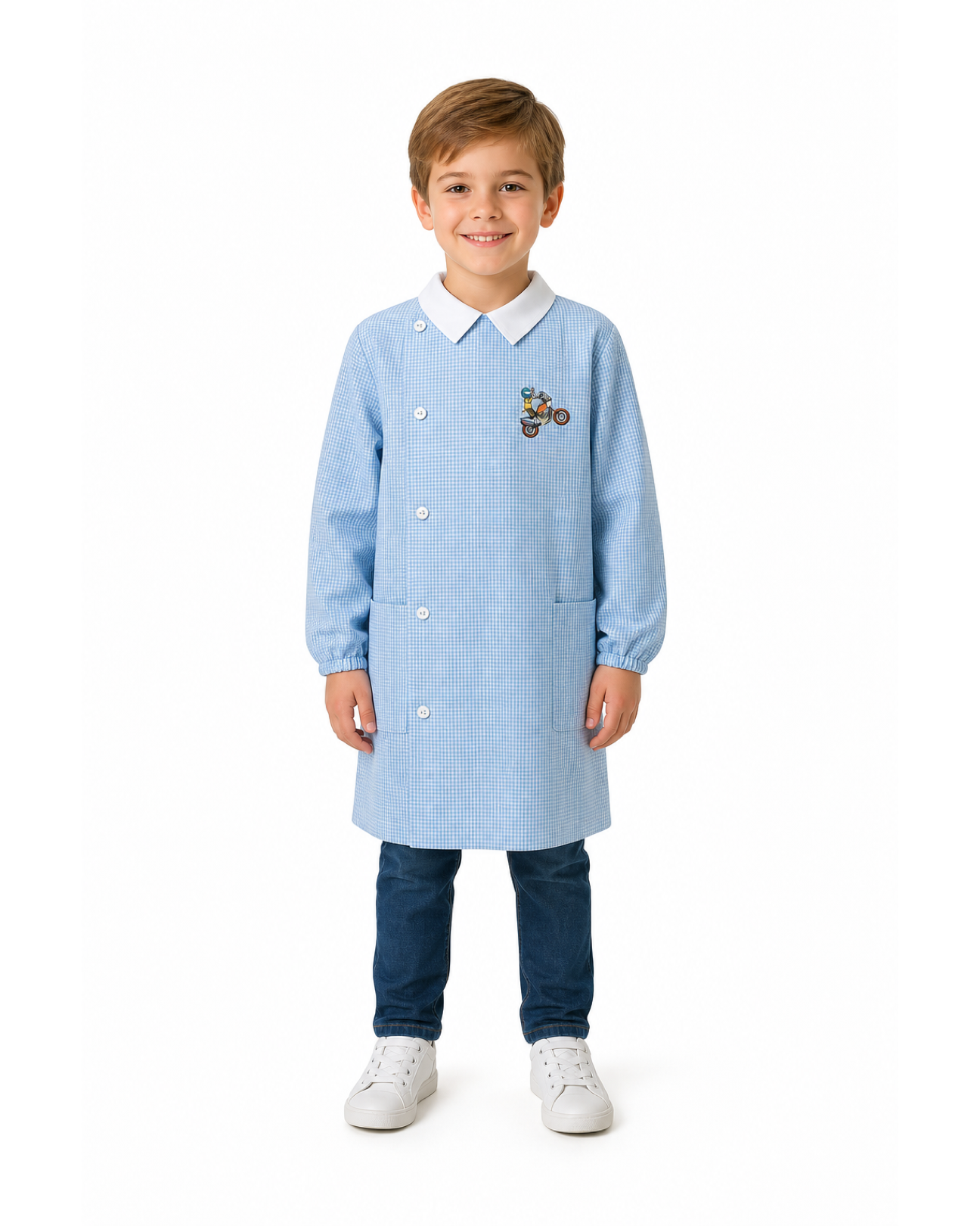 Grembiule asilo quadretti azzurri bambino con abbottonatura laterale Siggi ricamo Cross Enduro 4039