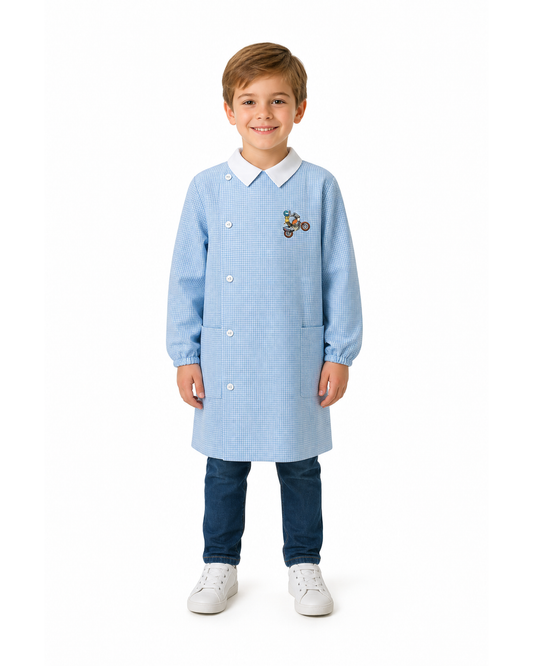 Grembiule asilo quadretti azzurri bambino con abbottonatura laterale Siggi ricamo Cross Enduro 4039