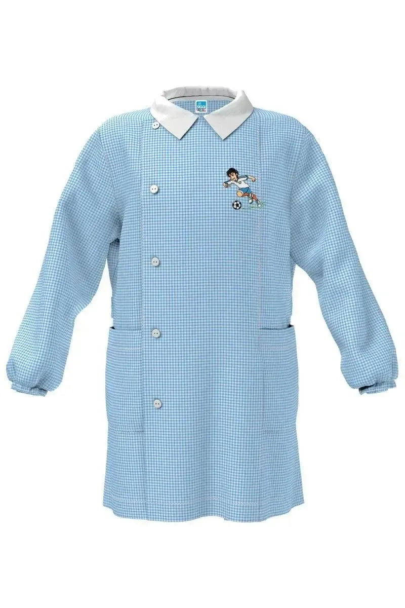 Grembiule asilo quadretti azzurri bambino con abbottonatura laterale Siggi ricamo Italia 4043