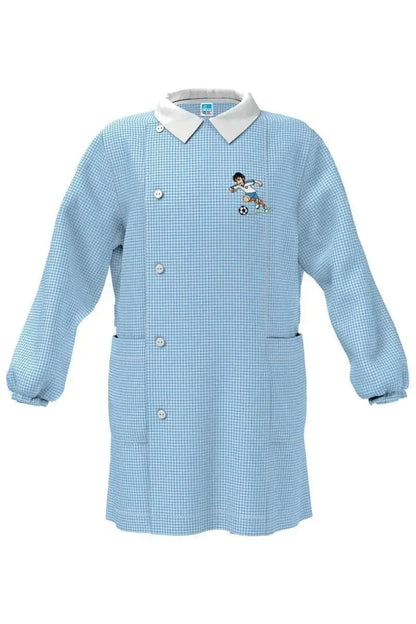 Grembiule asilo quadretti azzurri bambino con abbottonatura laterale Siggi ricamo Italia 4043