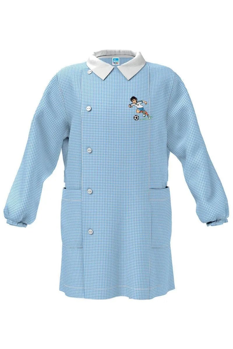Grembiule asilo quadretti azzurri bambino con abbottonatura laterale Siggi ricamo Italia 4043